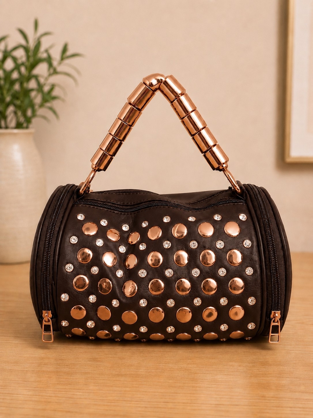 Studded Barrel Handbag with Rose Gold Accents - Black